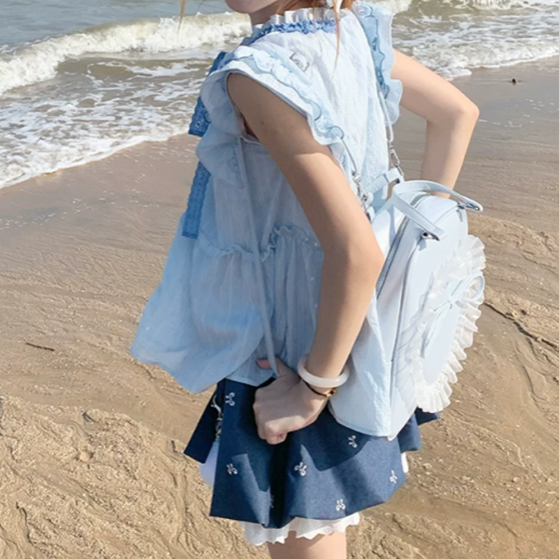 Sweet Ribbon Flutter Sleeve Blouse Bow Print Ruffle Skirt Two Pieces Set - image 3