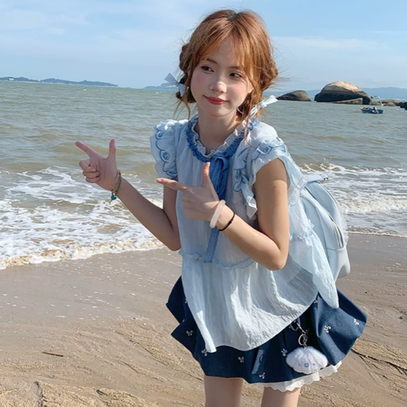 Sweet Ribbon Flutter Sleeve Blouse Bow Print Ruffle Skirt Two Pieces Set - image 4