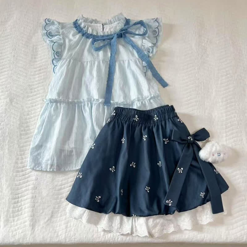 Sweet Ribbon Flutter Sleeve Blouse Bow Print Ruffle Skirt Two Pieces Set - Top - 2XL - image 7