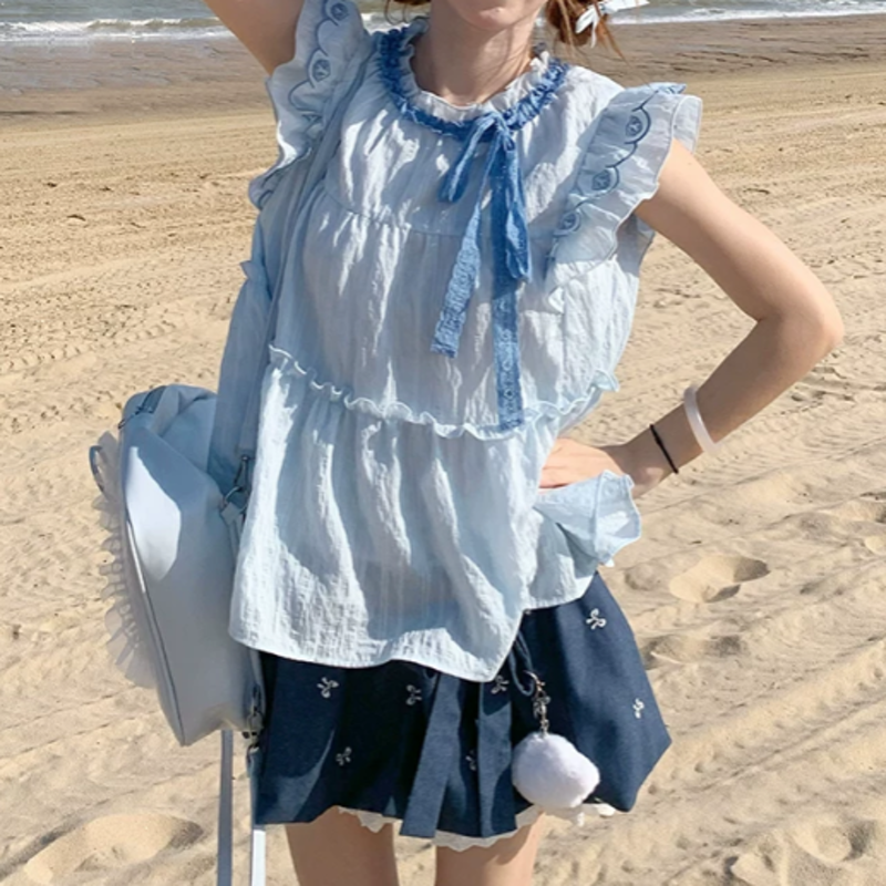 Sweet Ribbon Flutter Sleeve Blouse Bow Print Ruffle Skirt Two Pieces Set - image 2