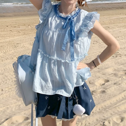 Sweet Ribbon Flutter Sleeve Blouse Bow Print Ruffle Skirt Two Pieces Set - image 2