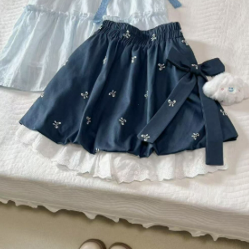 Sweet Ribbon Flutter Sleeve Blouse Bow Print Ruffle Skirt Two Pieces Set - Skirt - 2XL - image 8
