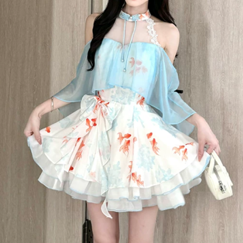 Goldfish Print Halter Neck Bow Ruffle Dress - image 2