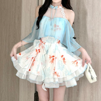 Goldfish Print Halter Neck Bow Ruffle Dress - image 2