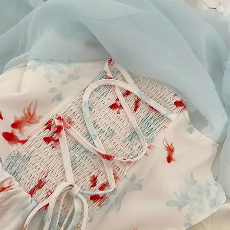 Goldfish Print Halter Neck Bow Ruffle Dress - image 4