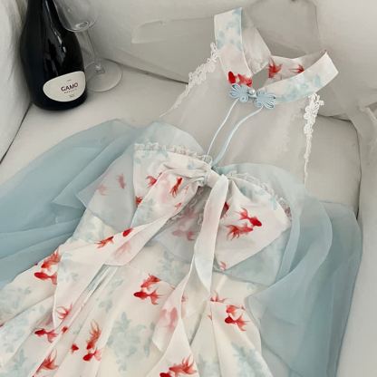 Goldfish Print Halter Neck Bow Ruffle Dress - image 3