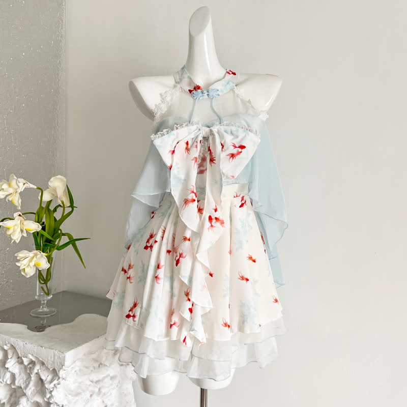 Goldfish Print Halter Neck Bow Ruffle Dress - Blue - L - image 8