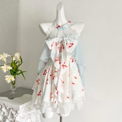 Goldfish Print Halter Neck Bow Ruffle Dress - Blue - L - image 8
