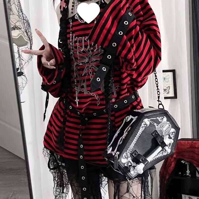 Gothic Stripe Off Shoulder Long Sleeve T-shirts With Leg Warmer - image 2
