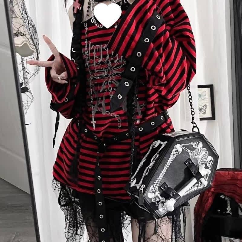 Gothic Stripe Off Shoulder Long Sleeve T-shirts With Leg Warmer - image 2