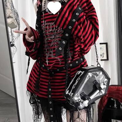 Gothic Stripe Off Shoulder Long Sleeve T-shirts With Leg Warmer - image 2