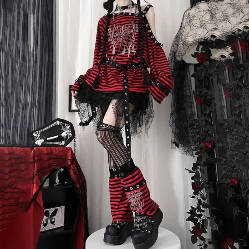 Gothic Stripe Off Shoulder Long Sleeve T-shirts With Leg Warmer - image 4