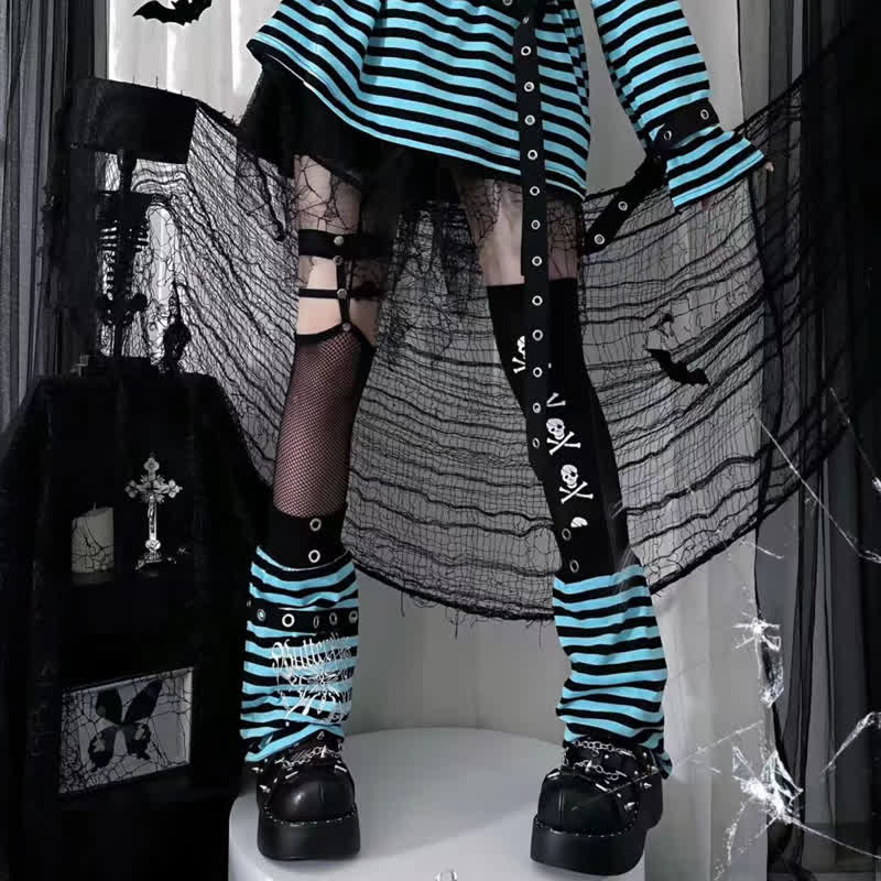 Gothic Stripe Off Shoulder Long Sleeve T-shirts With Leg Warmer - image 7