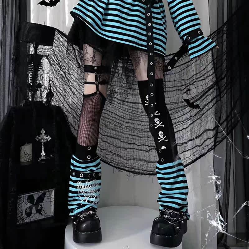 Gothic Stripe Off Shoulder Long Sleeve T-shirts With Leg Warmer - image 7