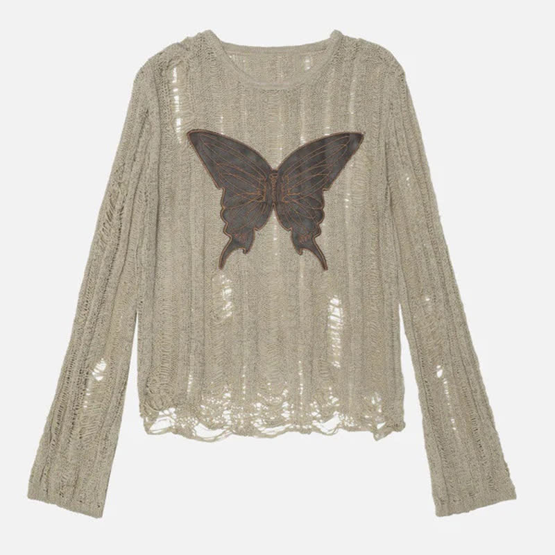 Distressed Hollow Butterfly Embroidery Long Sleeve Knit T-Shirts - Beige - 2XL - image 2