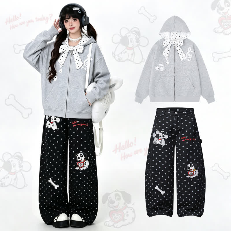  High Quality Durable Press Polka Dot Bow Zip Up Hoodie Dog Embroidery Pants Two Pieces Set - Grey Hoodie + Black Pants - XL - image 1