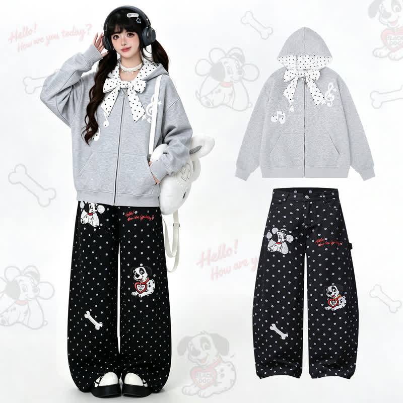  High Quality Durable Press Polka Dot Bow Zip Up Hoodie Dog Embroidery Pants Two Pieces Set - Grey Hoodie + Black Pants - XL - image 1