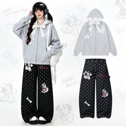  High Quality Durable Press Polka Dot Bow Zip Up Hoodie Dog Embroidery Pants Two Pieces Set - Grey Hoodie + Black Pants - XL - image 1