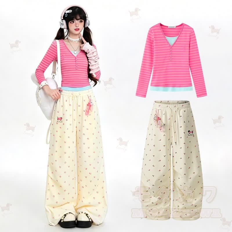  High Quality Durable Press Stripe Long Sleeve Top Floral Embroidery Pants Two Pieces Set - Top+ Yellow Pants - XL - image 1
