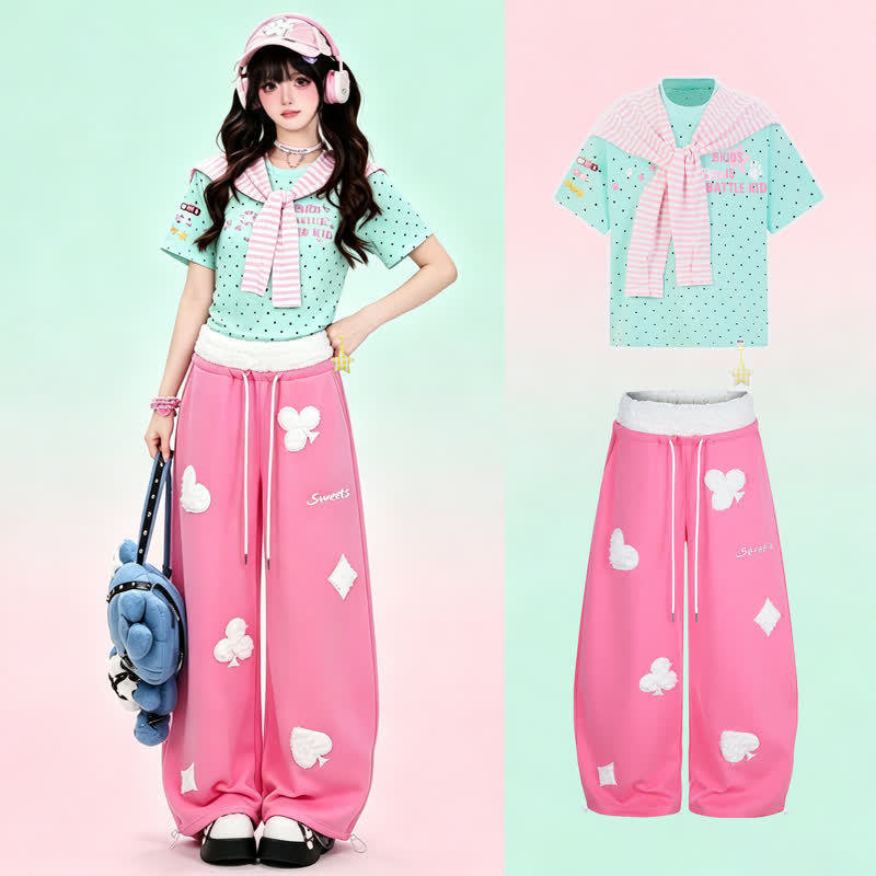 High Quality Durable Press Polka Dot Embroidery T-shirt  Wide Leg Pants Two Pieces Set - Green Top+ Pink Pants - XL - image 1