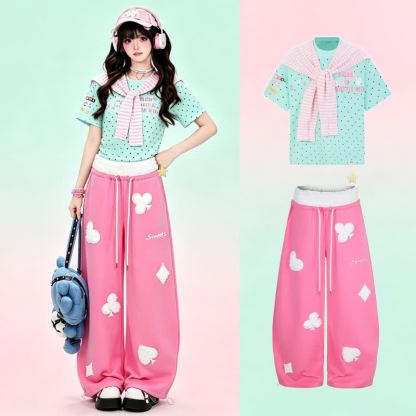  High Quality Durable Press Polka Dot Embroidery T-shirt  Wide Leg Pants Two Pieces Set - Green Top+ Pink Pants - XL - image 1