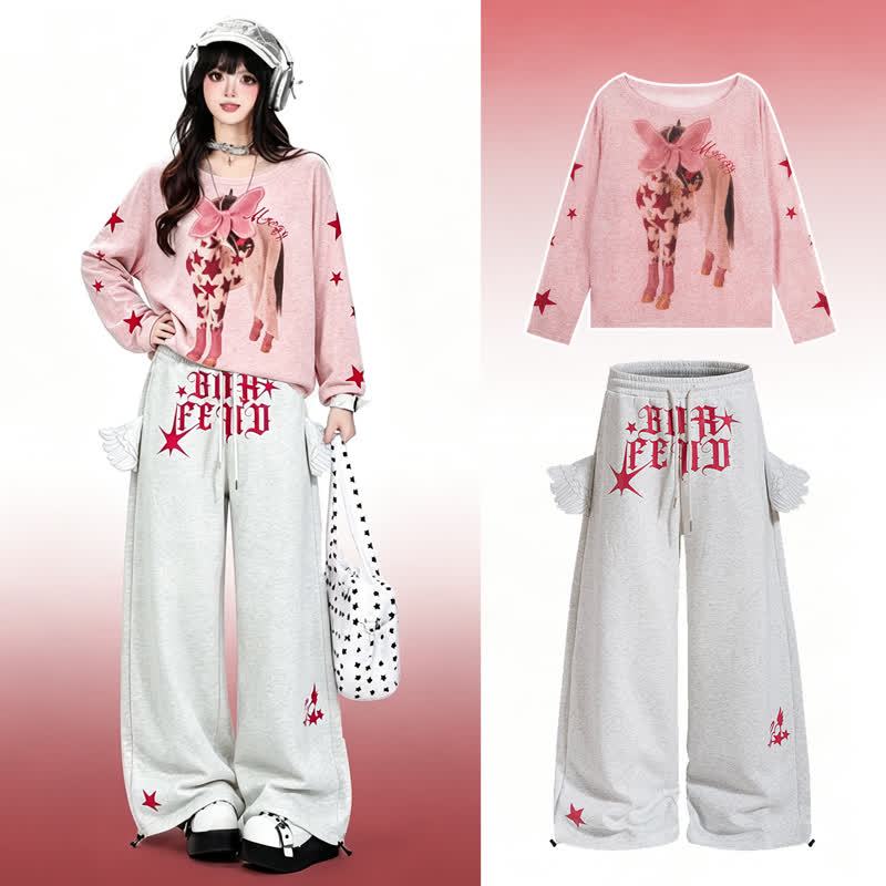  High Quality Durable Press Bow Horse Embroidery Top Wing Decor Pants  Two Pieces Set - Pink Top+ Pants - XL - image 1