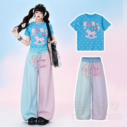 High Quality Durable Press Star Horse Embroidery T-Shirt Color Block Pants Two Pieces Set - image 1