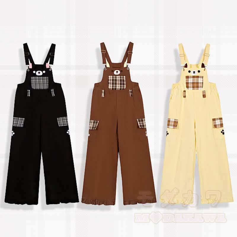High Quality Durable Press Bear Embroidery Pendant Plaid Overalls - image 1