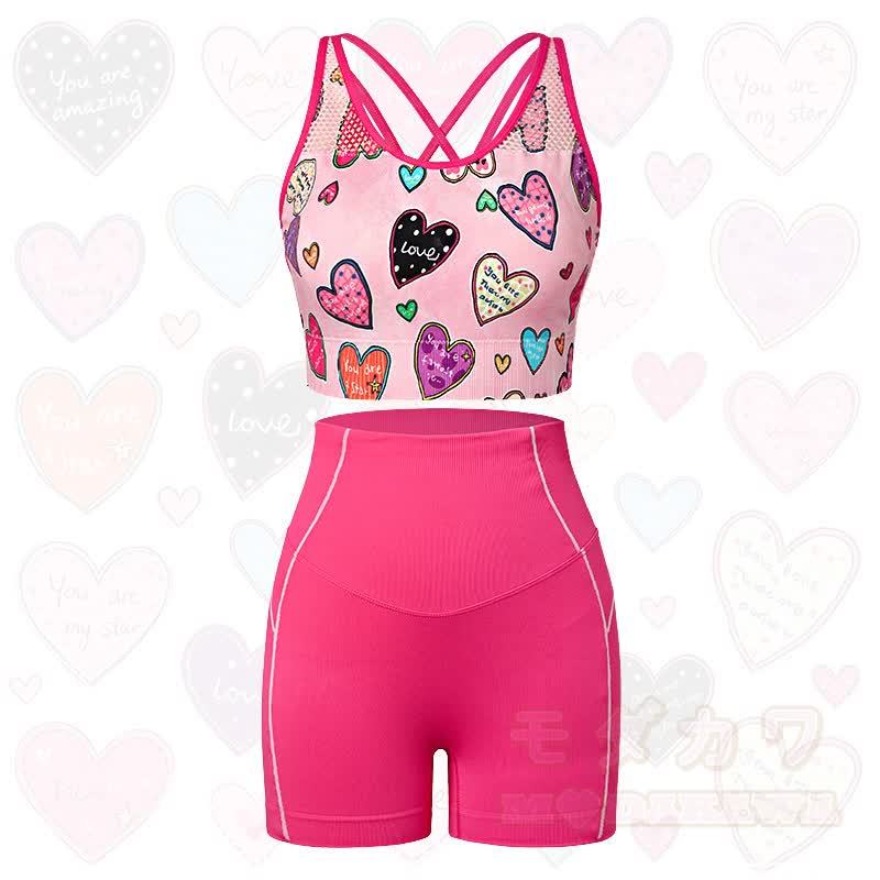 Colorful Heart Print Crop Tank High Waist Shorts Two Pieces Set - image 1