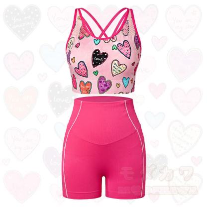 Colorful Heart Print Crop Tank High Waist Shorts Two Pieces Set - image 1