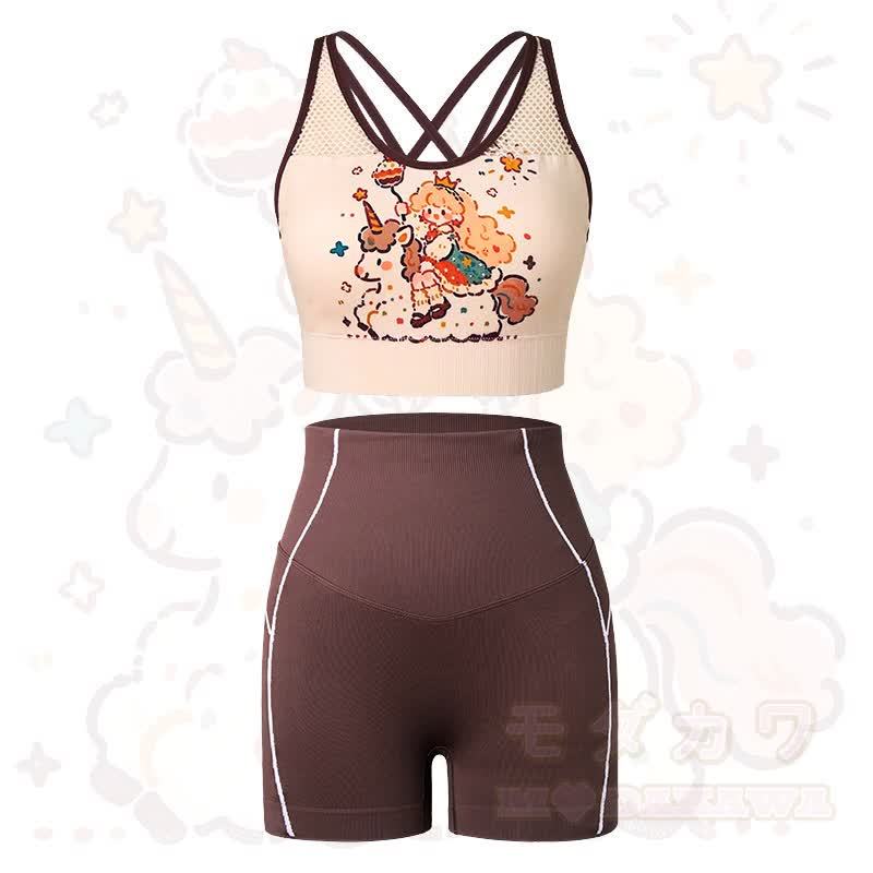 Unicorn Print Crop Tank High Waist Yoga Shorts Two Pieces Set - image 1