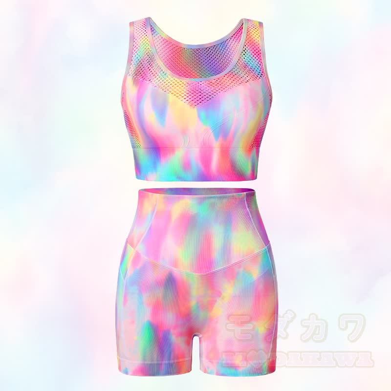 Aurora Print Mesh Crop Tank High Waist Yoga Shorts Two Pieces Set - image 1