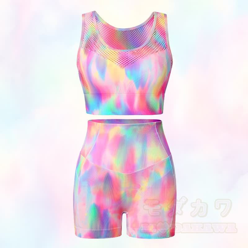 Aurora Print Mesh Crop Tank High Waist Yoga Shorts Two Pieces Set - image 1