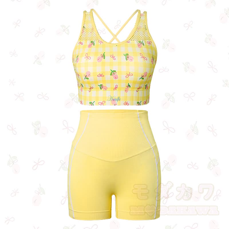 Yellow Gingham Cherry Print Crop Tank High Waist Shorts Two Pieces Set - image 1