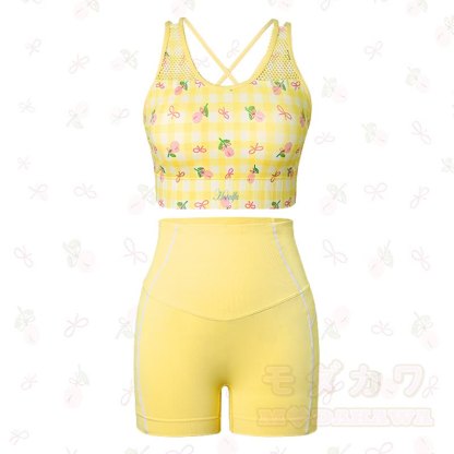 Yellow Gingham Cherry Print Crop Tank High Waist Shorts Two Pieces Set - image 1