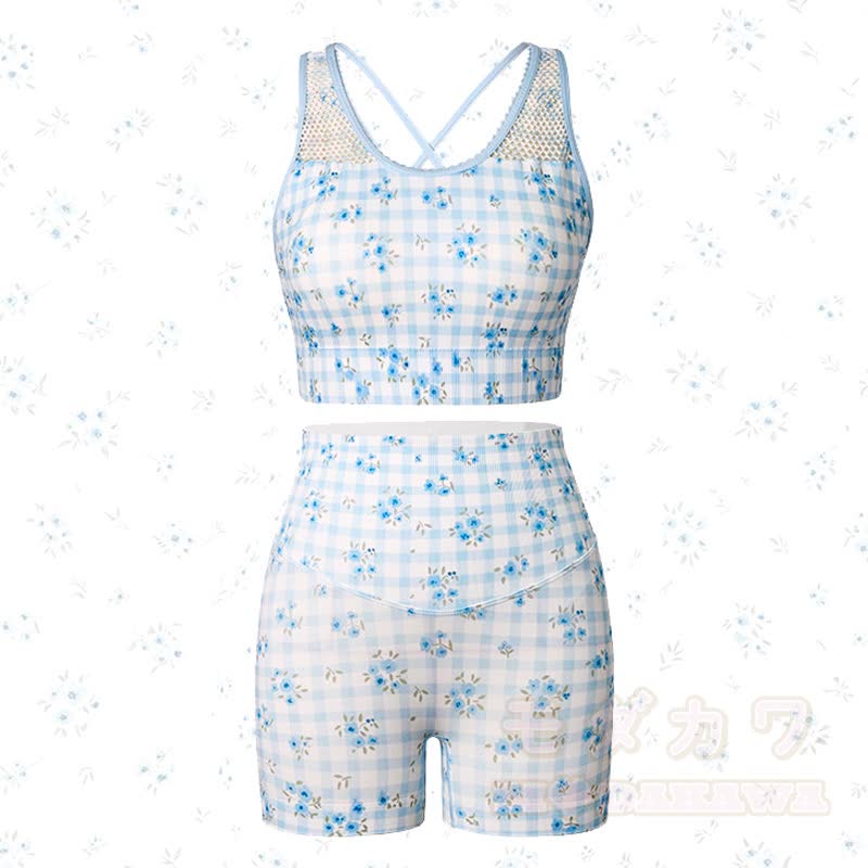 Blue Gingham Floral Crop Tank High Waist Yoga Shorts Two Pieces Set - image 1