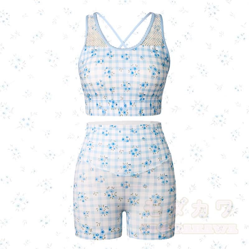 Blue Gingham Floral Crop Tank High Waist Yoga Shorts Two Pieces Set - image 1