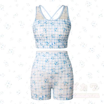 Blue Gingham Floral Crop Tank High Waist Yoga Shorts Two Pieces Set - image 1
