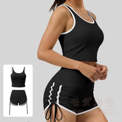 Casual Crop Tank Side Drawstring Shorts Yoga Two Pieces Set - Black - 2XL - image 1