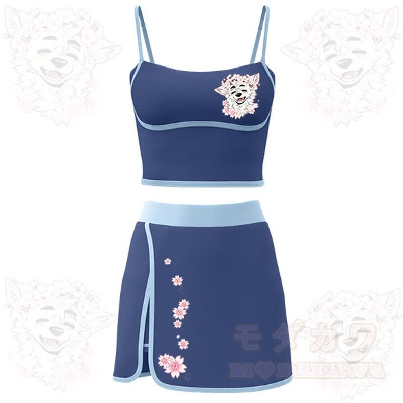 MODAKAWA X atka Cherry Blossom Wolf Print Cami Top Split Skort Two Pieces Set - Blue - 2XL - image 1