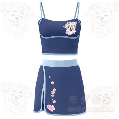 MODAKAWA X atka Cherry Blossom Wolf Print Cami Top Split Skort Two Pieces Set - Blue - 2XL - image 1
