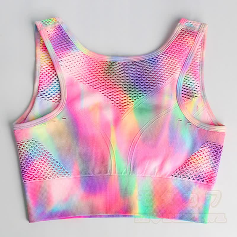 Aurora Print Mesh Crop Tank High Waist Yoga Shorts Two Pieces Set - image 3