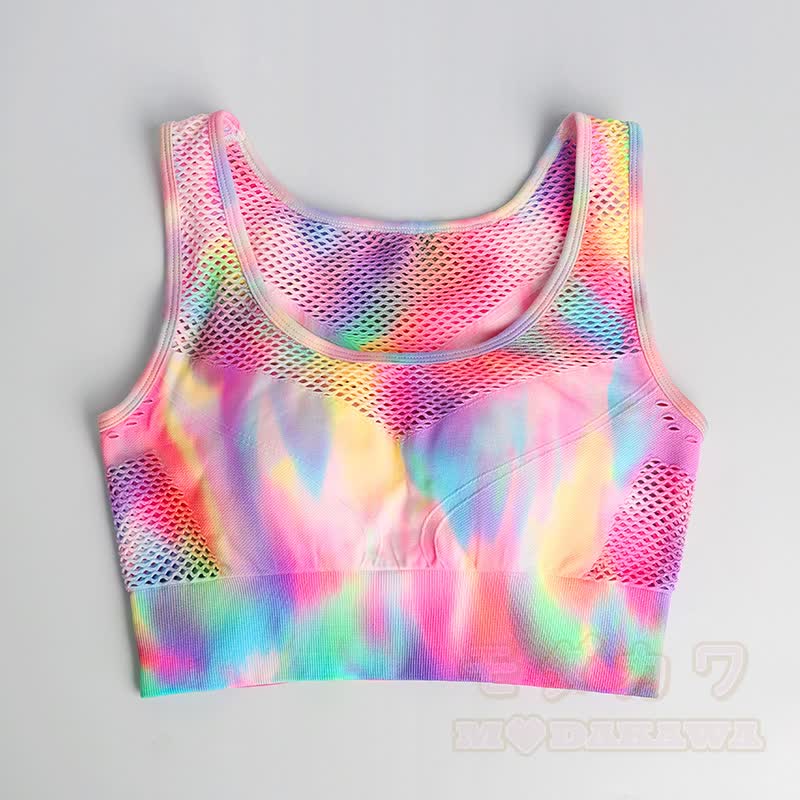 Aurora Print Mesh Crop Tank High Waist Yoga Shorts Two Pieces Set - Top - L - image 2