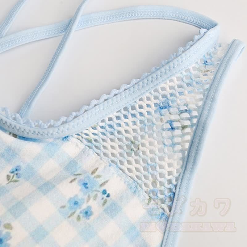 Blue Gingham Floral Crop Tank High Waist Yoga Shorts Two Pieces Set - image 5