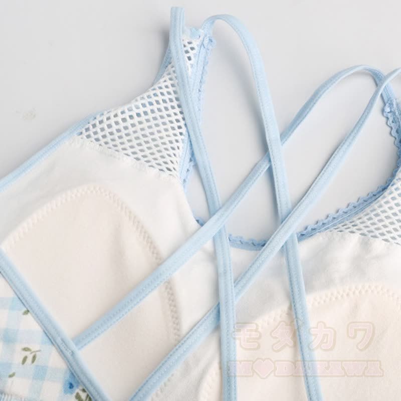 Blue Gingham Floral Crop Tank High Waist Yoga Shorts Two Pieces Set - image 4