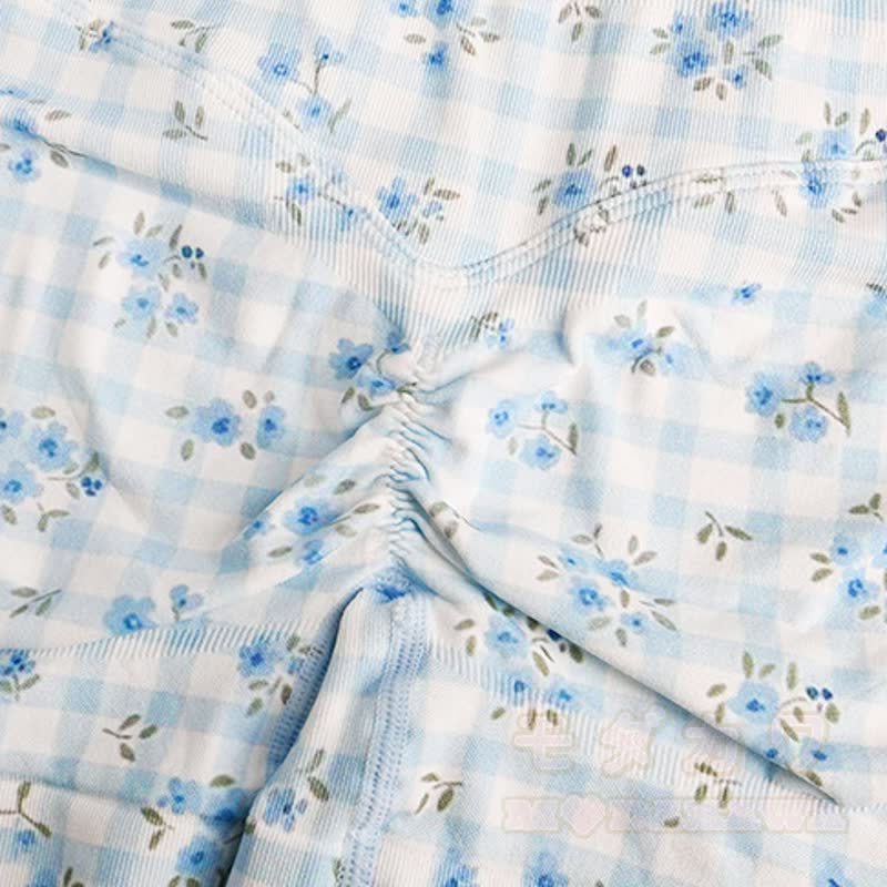 Blue Gingham Floral Crop Tank High Waist Yoga Shorts Two Pieces Set - image 7