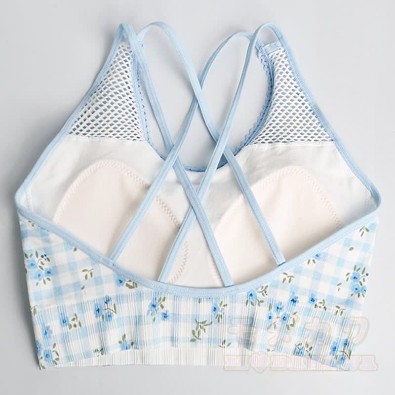 Blue Gingham Floral Crop Tank High Waist Yoga Shorts Two Pieces Set - image 3