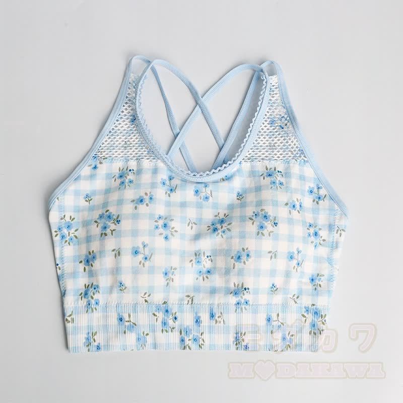 Blue Gingham Floral Crop Tank High Waist Yoga Shorts Two Pieces Set - Top - L - image 2