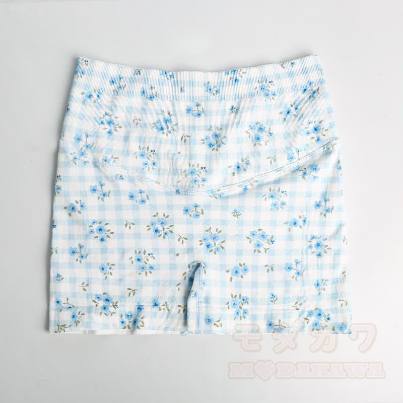 Blue Gingham Floral Crop Tank High Waist Yoga Shorts Two Pieces Set - Shorts - L - image 6