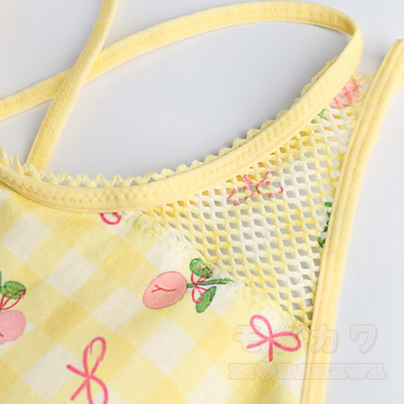 Yellow Gingham Cherry Print Crop Tank High Waist Shorts Two Pieces Set - image 4